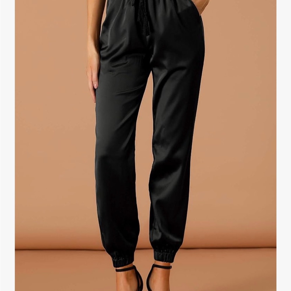 Allegra K Black Satin Pants Drawstring Elastic Waist Straight Leg Joggers - L - Picture 2 of 9